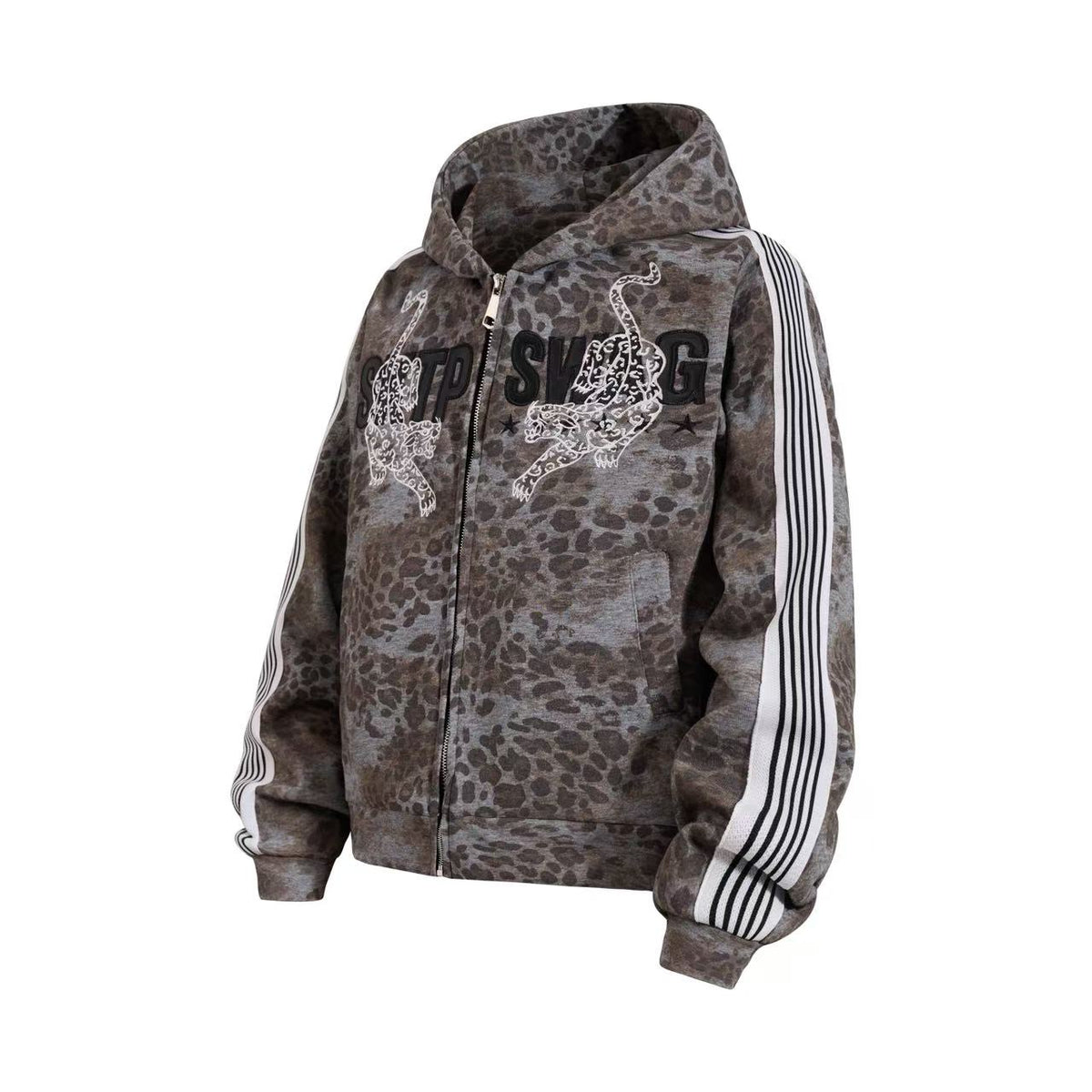 Cropped Vintage Leopard Tiger Embroidery Striped Sleeve Hooded Jacket - OMYGOODS