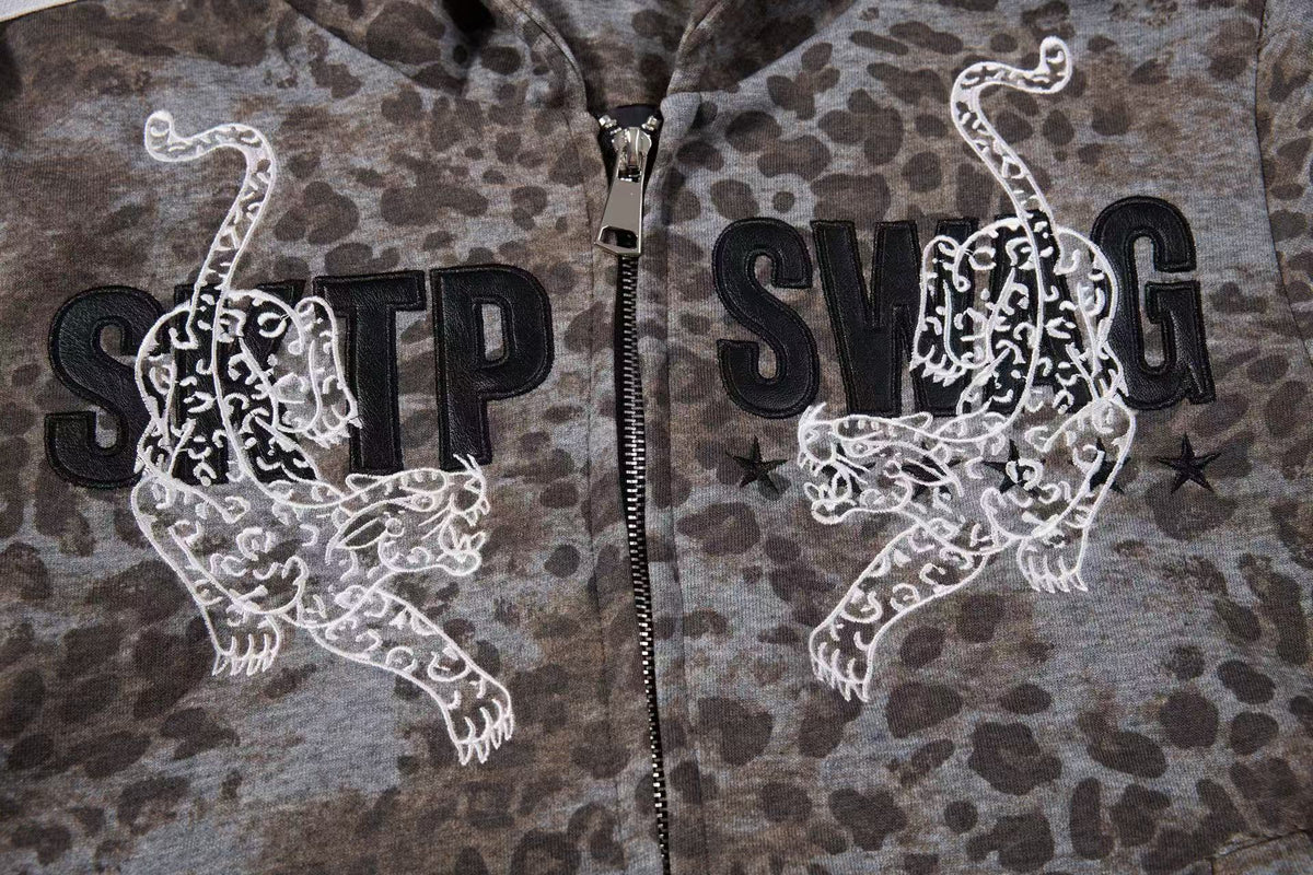 Cropped Vintage Leopard Tiger Embroidery Striped Sleeve Hooded Jacket - OMYGOODS