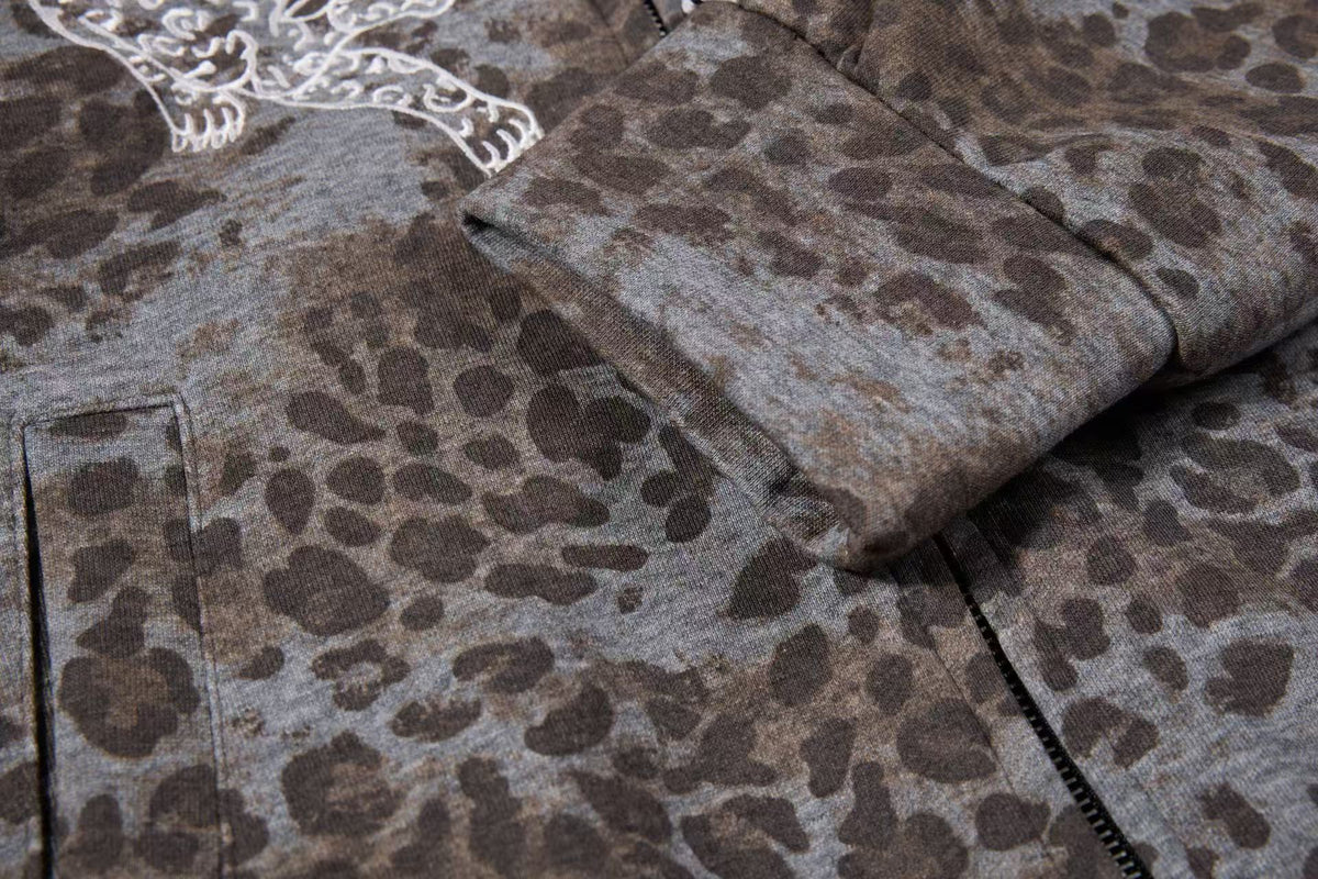 Cropped Vintage Leopard Tiger Embroidery Striped Sleeve Hooded Jacket - OMYGOODS