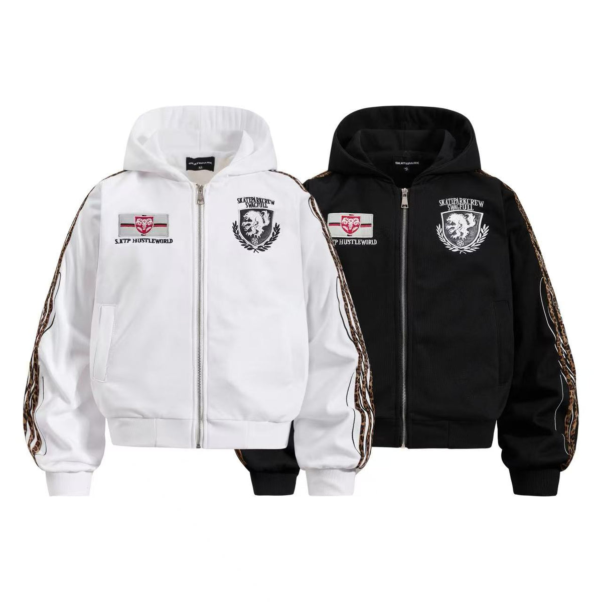 Cropped Crest Embroidered Leopard Striped Sleeve Varsity Zip Up Hooded Jacket - OMYGOODS