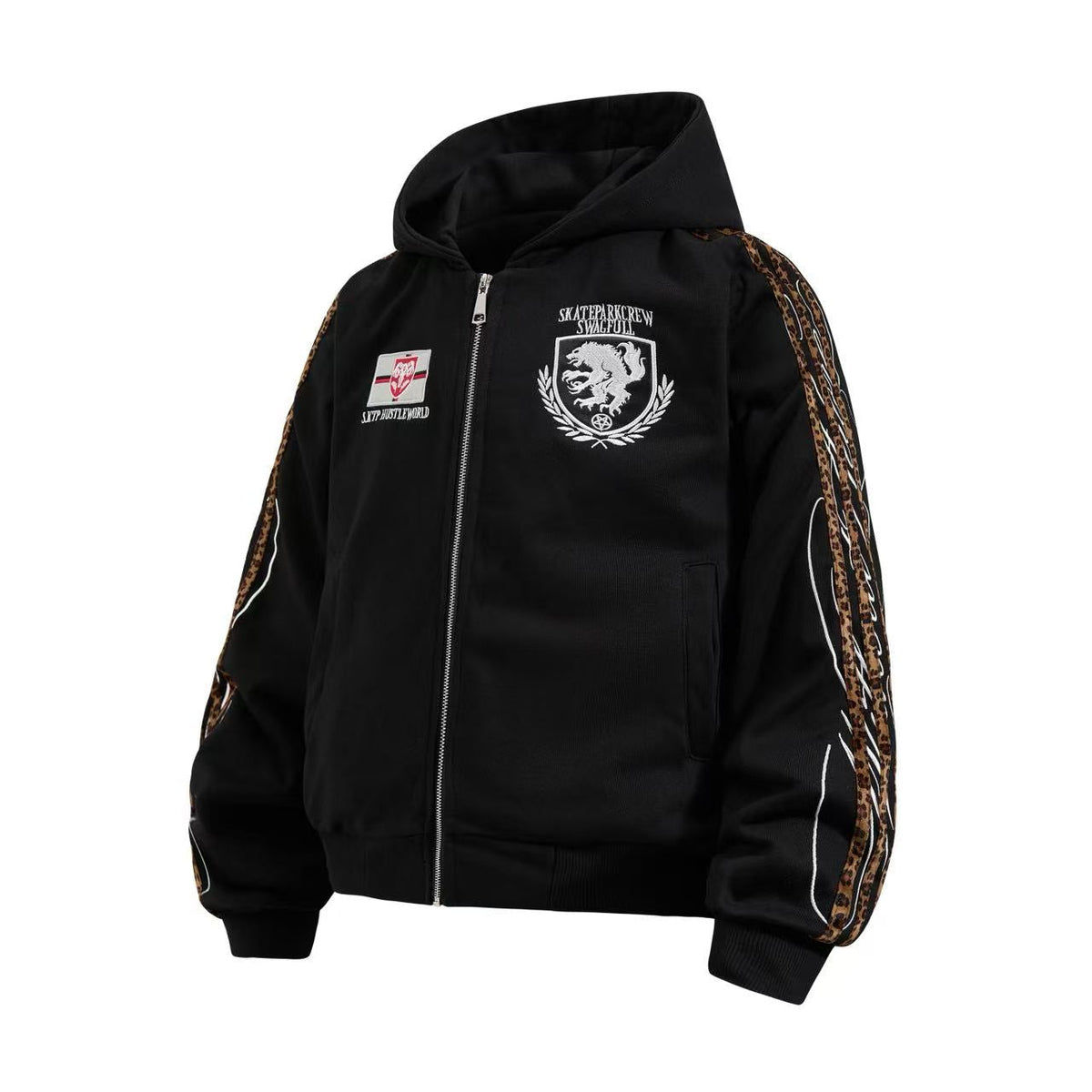 Cropped Crest Embroidered Leopard Striped Sleeve Varsity Zip Up Hooded Jacket - OMYGOODS