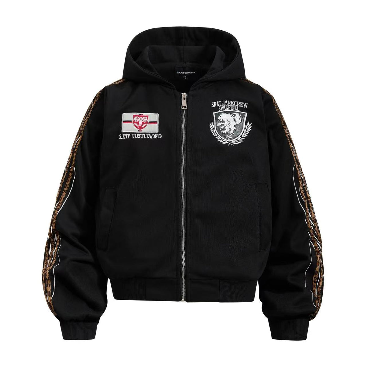 Cropped Crest Embroidered Leopard Striped Sleeve Varsity Zip Up Hooded Jacket - OMYGOODS