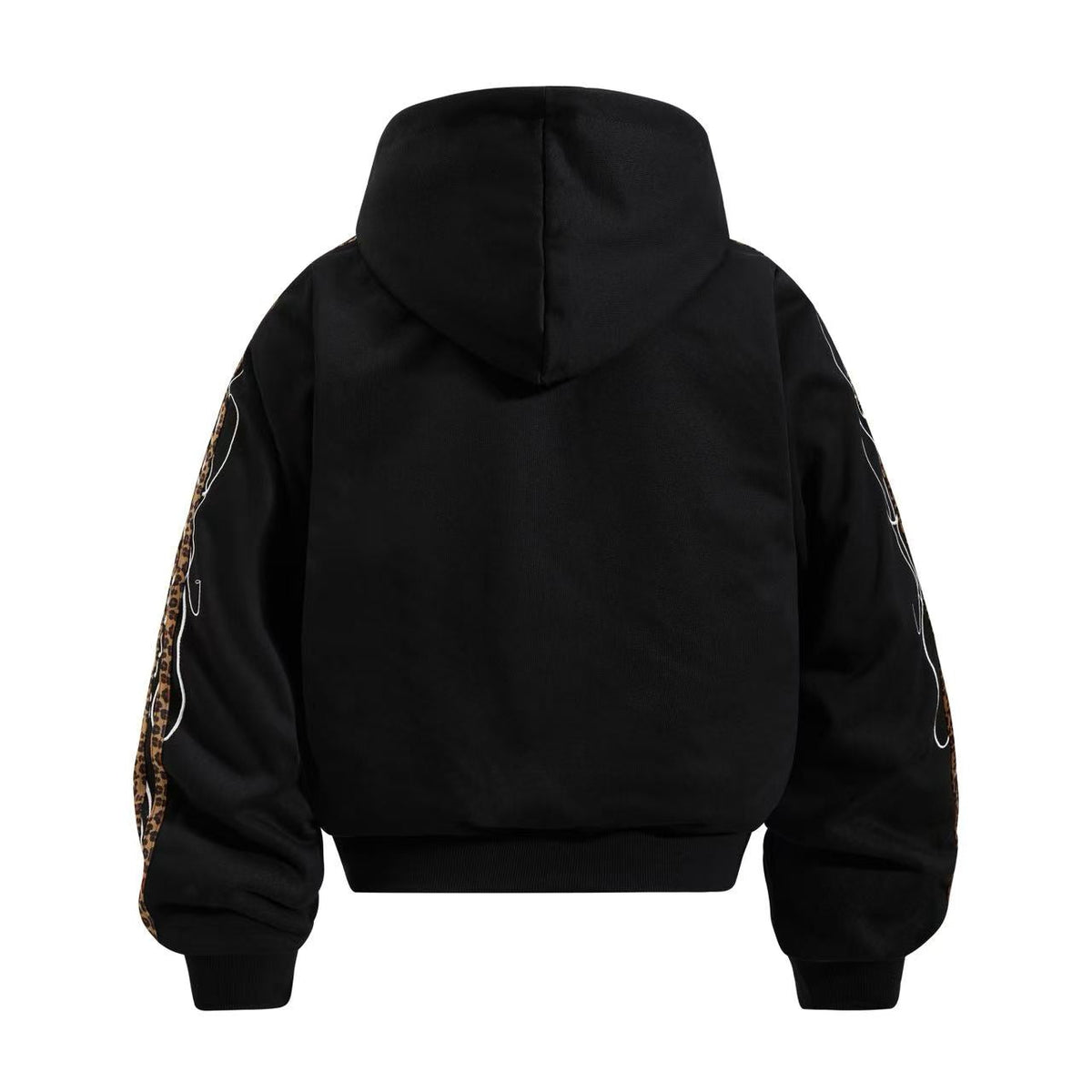 Cropped Crest Embroidered Leopard Striped Sleeve Varsity Zip Up Hooded Jacket - OMYGOODS