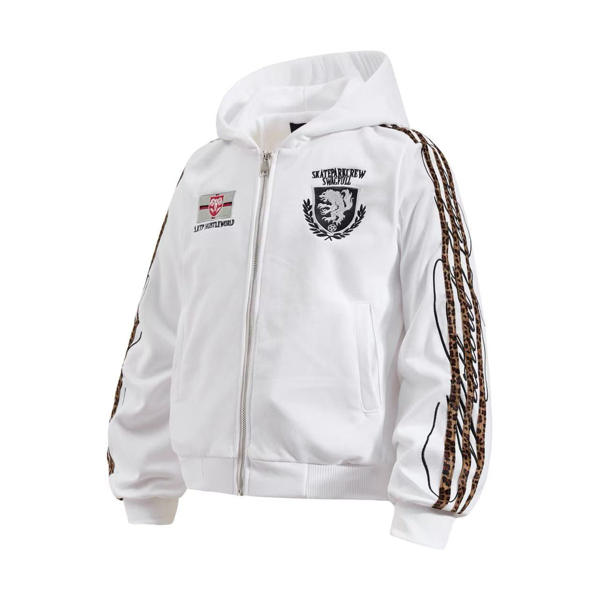 Cropped Crest Embroidered Leopard Striped Sleeve Varsity Zip Up Hooded Jacket - OMYGOODS