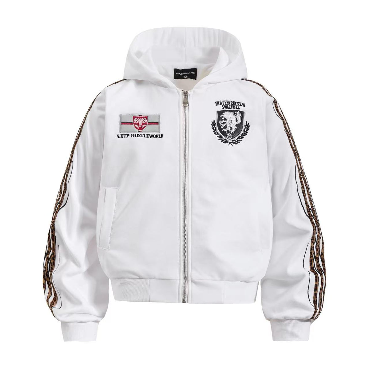 Cropped Crest Embroidered Leopard Striped Sleeve Varsity Zip Up Hooded Jacket - OMYGOODS