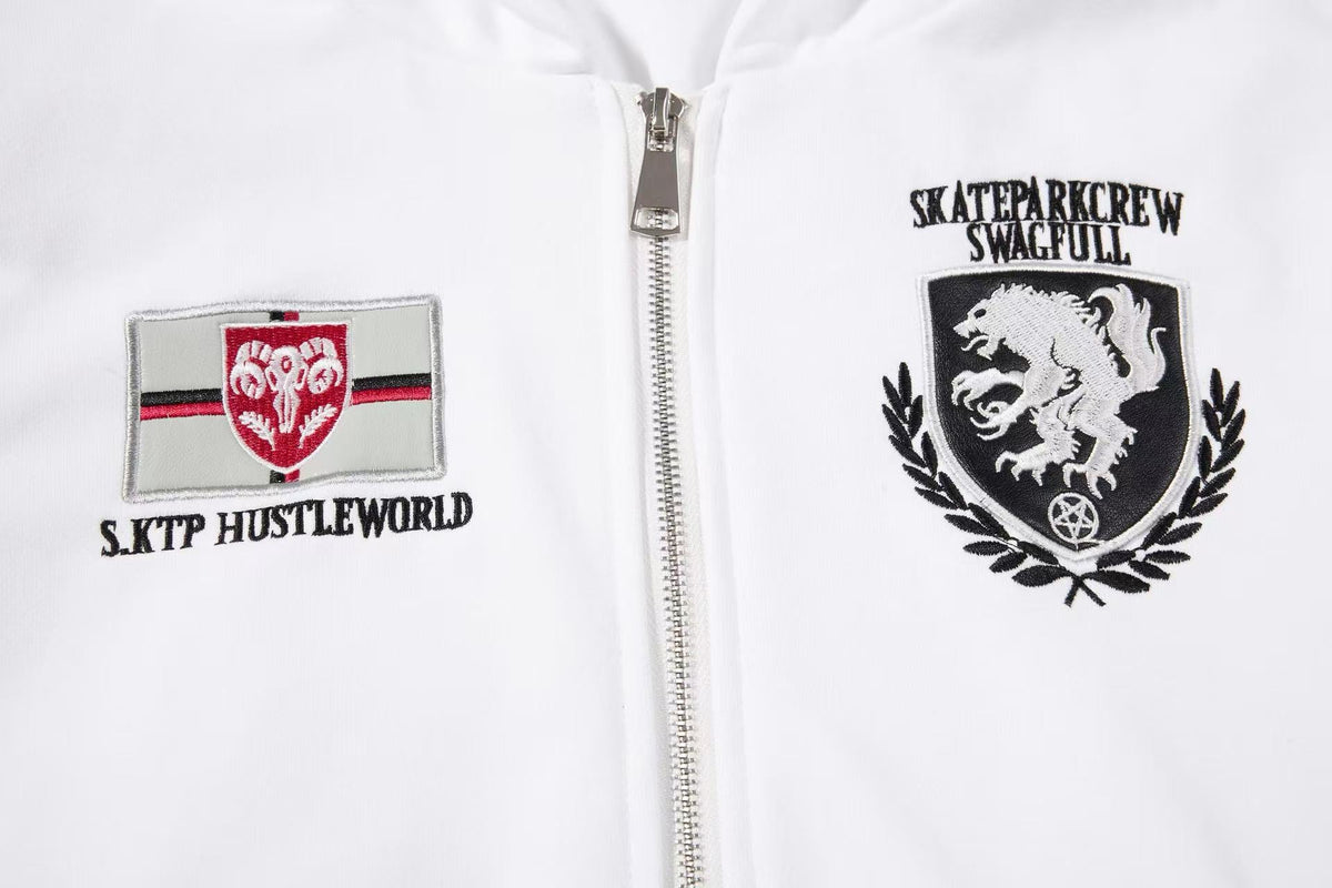 Cropped Crest Embroidered Leopard Striped Sleeve Varsity Zip Up Hooded Jacket - OMYGOODS