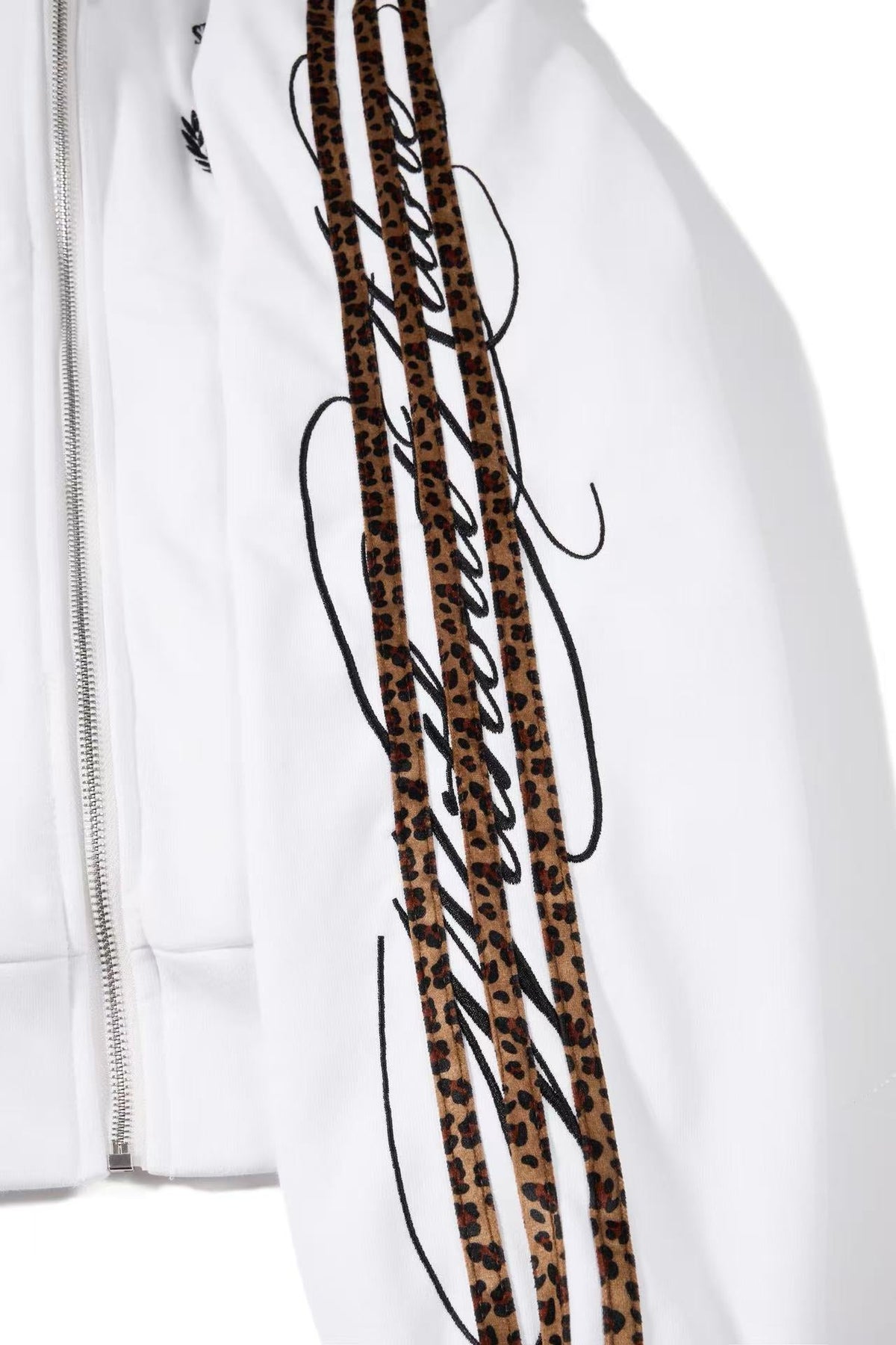 Cropped Crest Embroidered Leopard Striped Sleeve Varsity Zip Up Hooded Jacket - OMYGOODS