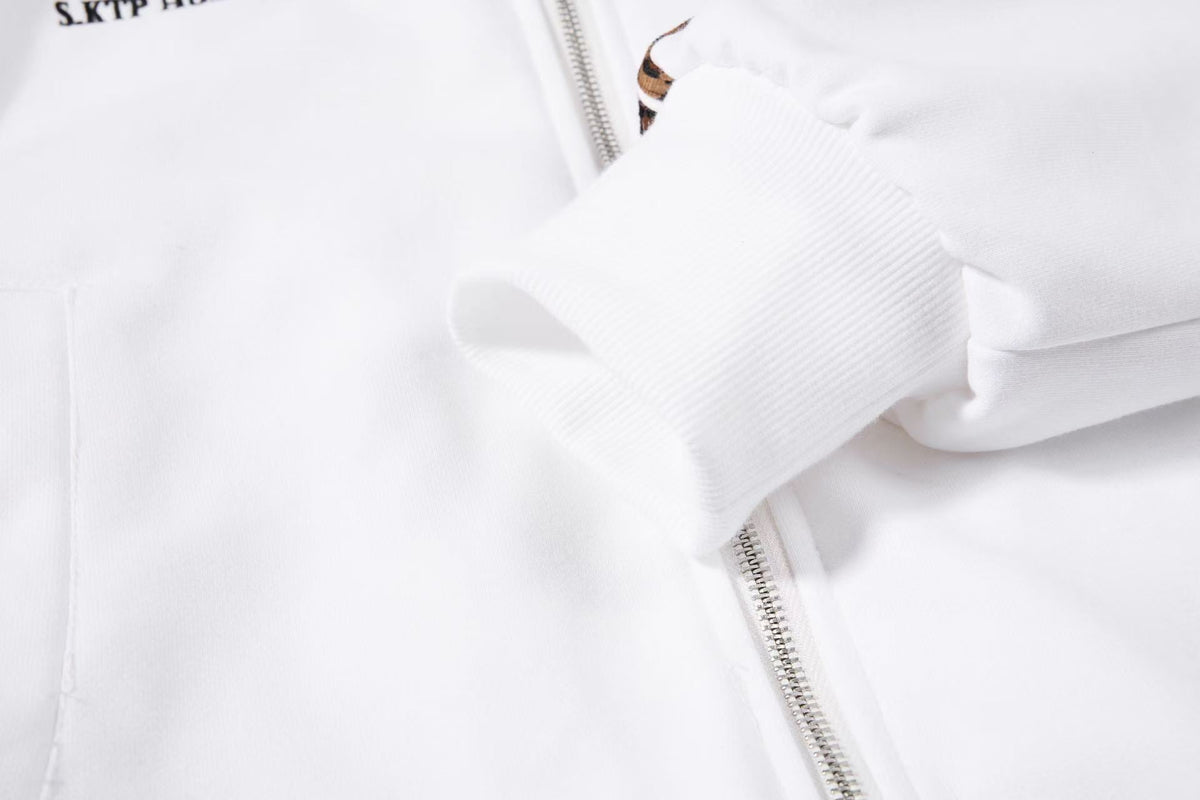Cropped Crest Embroidered Leopard Striped Sleeve Varsity Zip Up Hooded Jacket - OMYGOODS