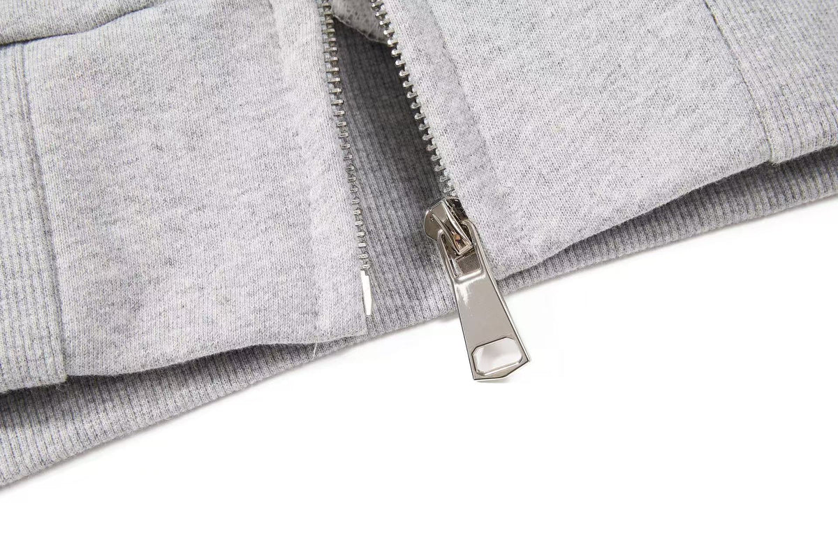 Cropped Distressed Cross Lion Print Zip Up Hooded Jacket - OMYGOODS