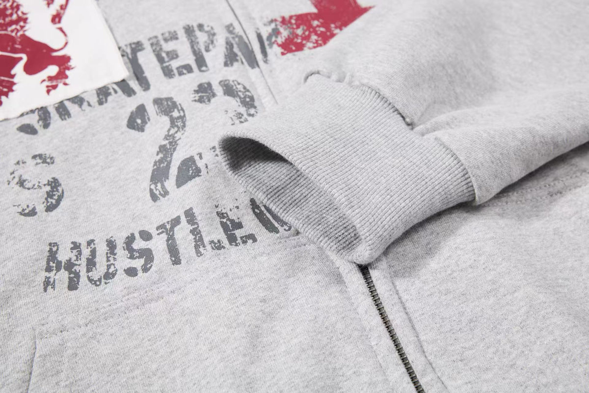 Cropped Distressed Cross Lion Print Zip Up Hooded Jacket - OMYGOODS