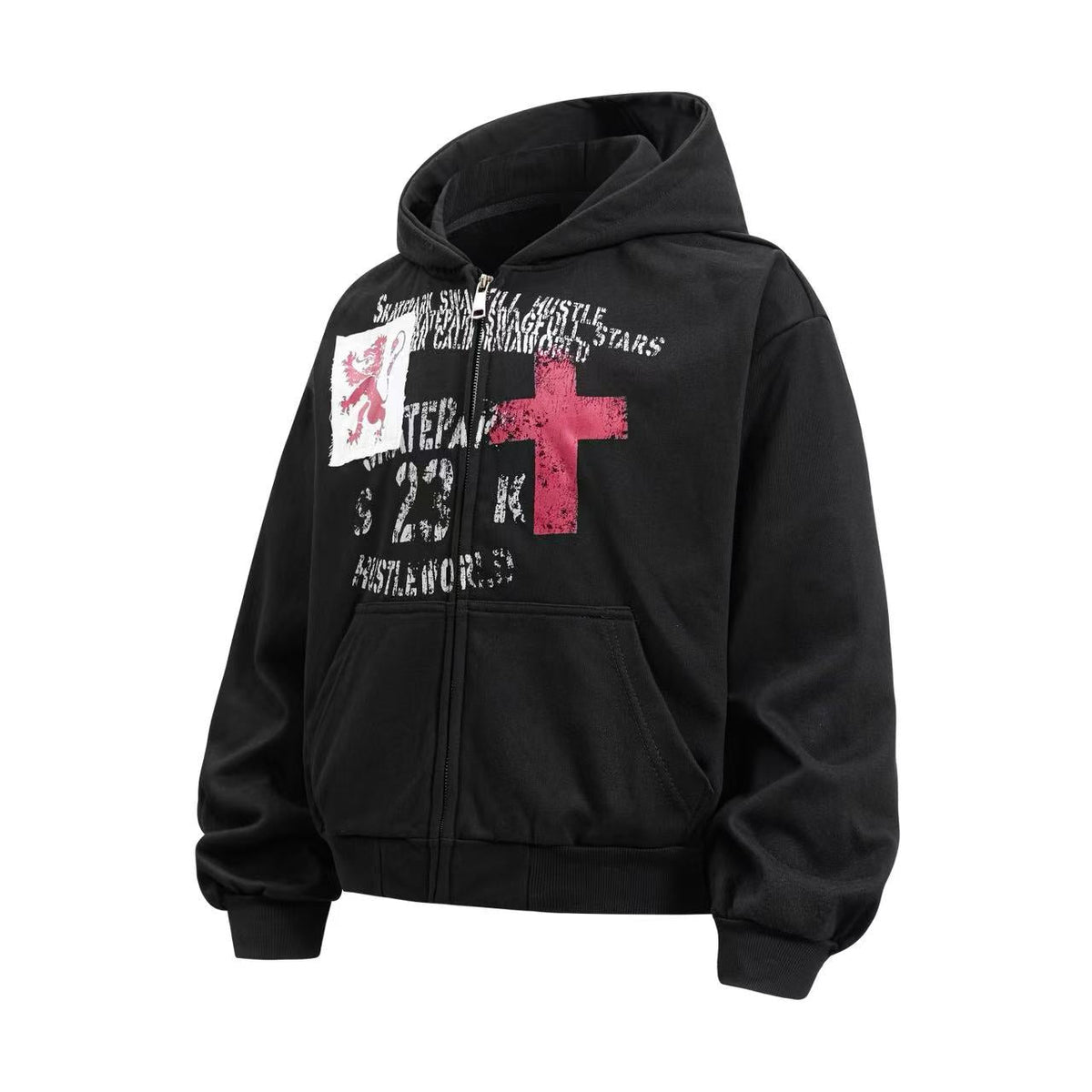 Cropped Distressed Cross Lion Print Zip Up Hooded Jacket - OMYGOODS