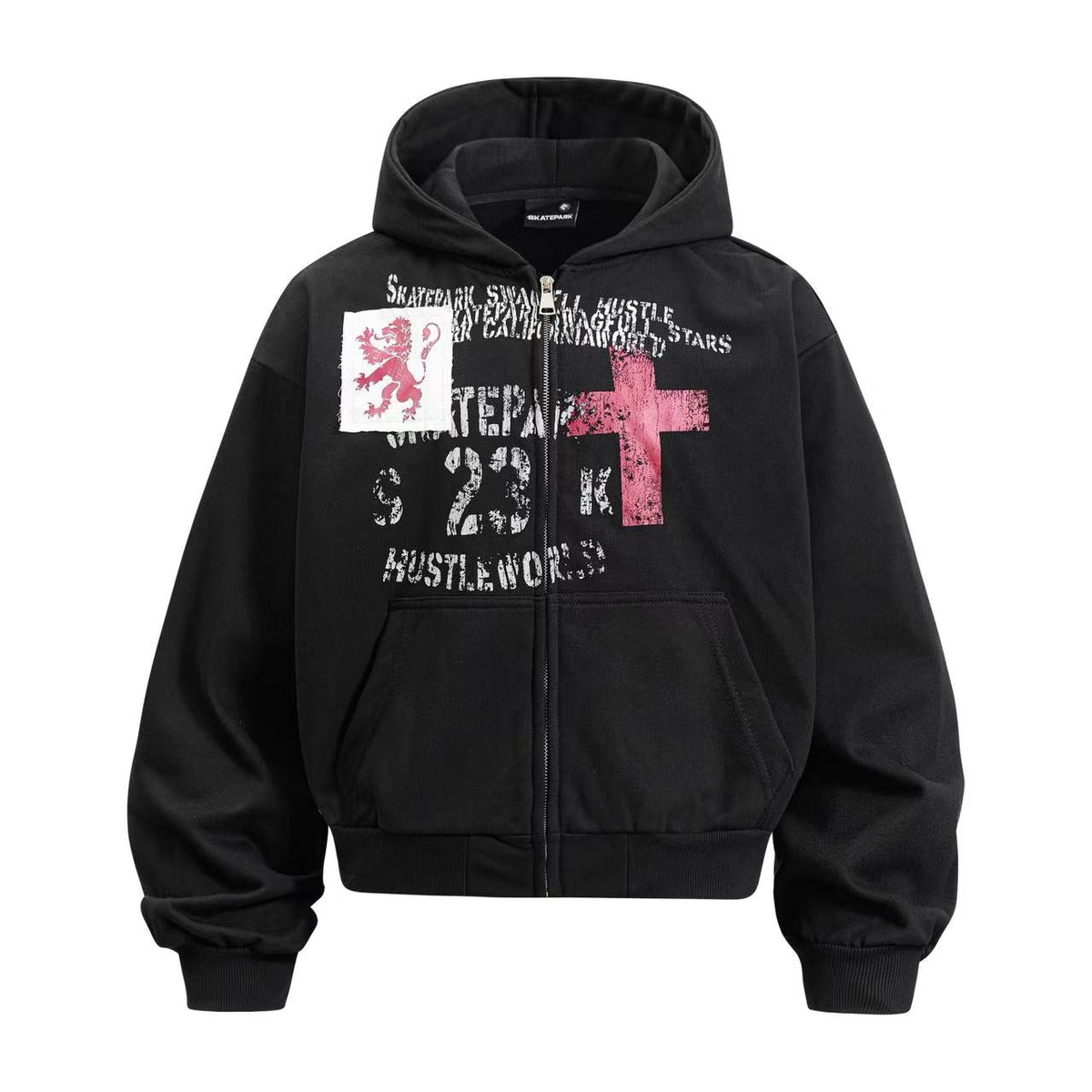 Cropped Distressed Cross Lion Print Zip Up Hooded Jacket - OMYGOODS