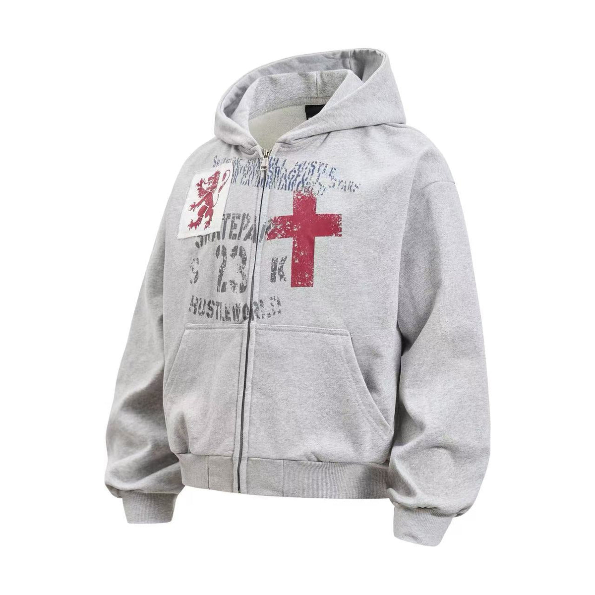 Cropped Distressed Cross Lion Print Zip Up Hooded Jacket - OMYGOODS