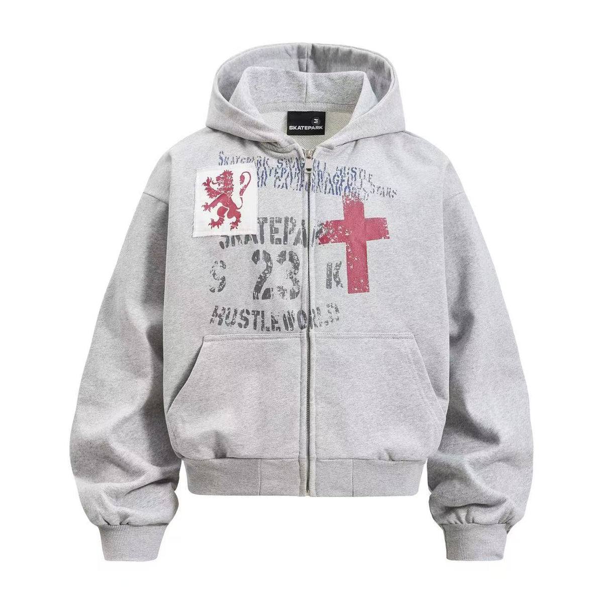 Cropped Distressed Cross Lion Print Zip Up Hooded Jacket - OMYGOODS