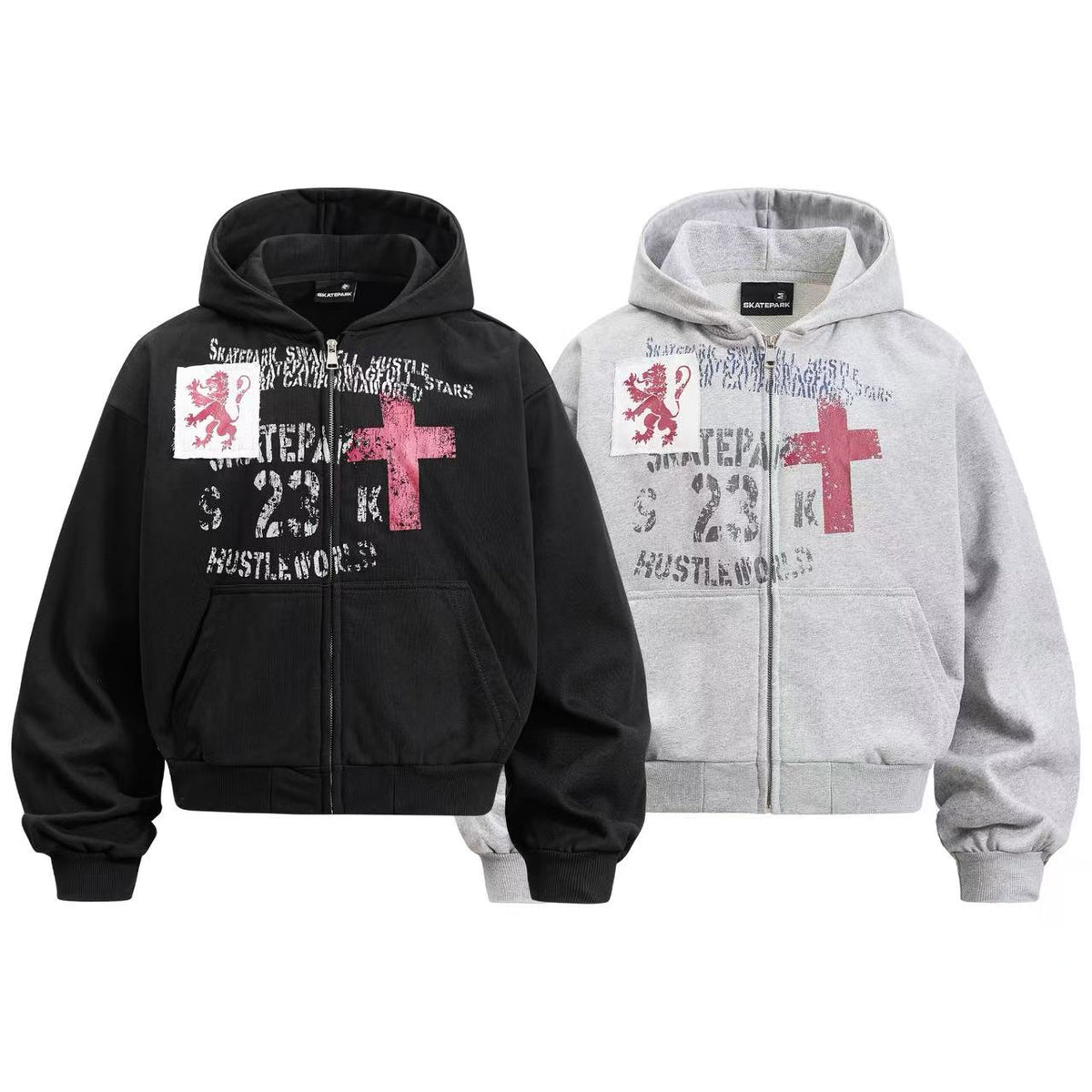 Cropped Distressed Cross Lion Print Zip Up Hooded Jacket - OMYGOODS