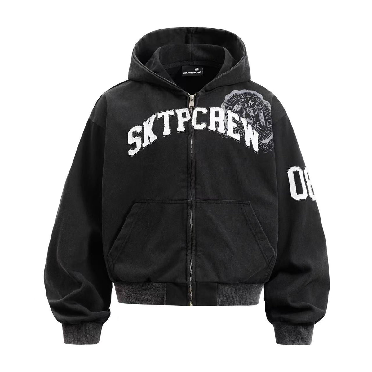 Cropped Chenille Letter Zip Up Hooded Jacket - OMYGOODS