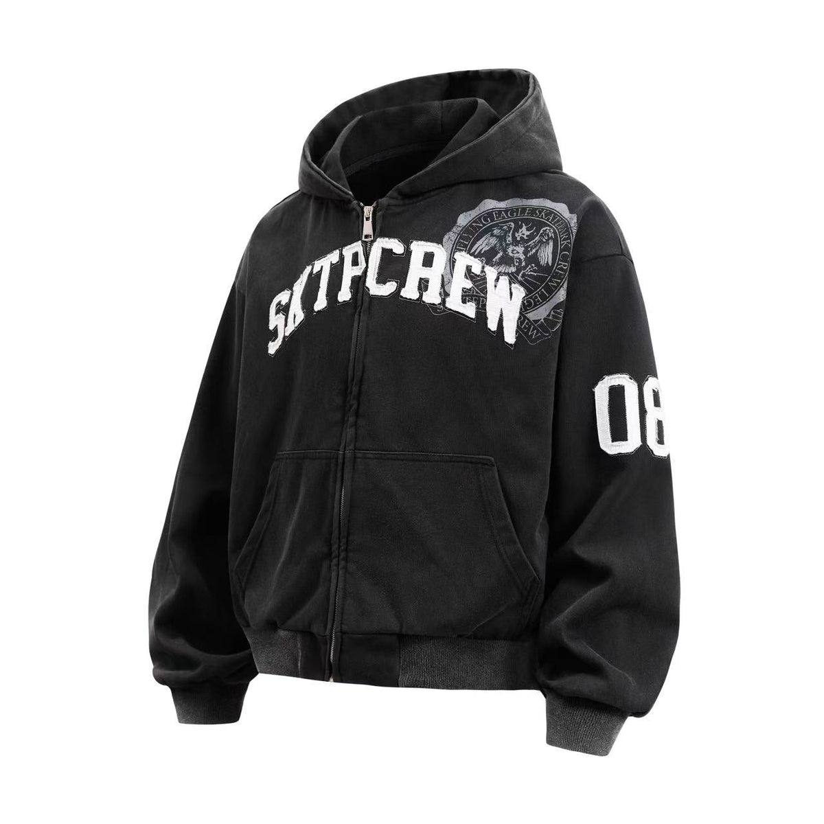 Cropped Chenille Letter Zip Up Hooded Jacket - OMYGOODS