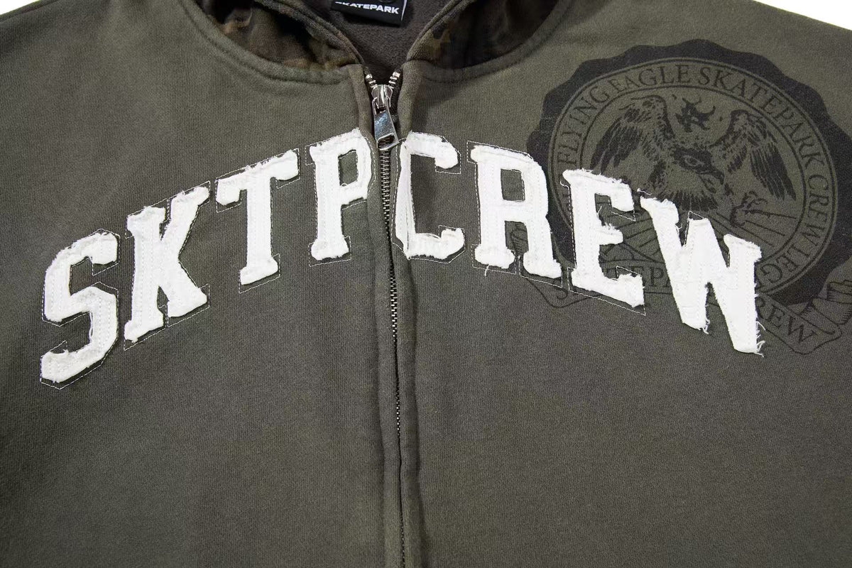 Cropped Chenille Letter Zip Up Hooded Jacket - OMYGOODS