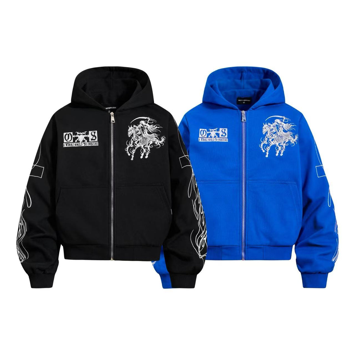 Cropped Skeleton Horseman Graphic Flame Print Sleeve Hooded Jacket - OMYGOODS