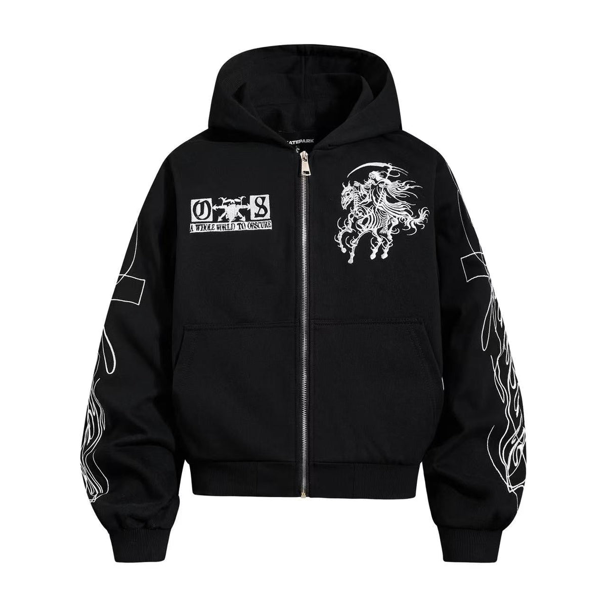 Cropped Skeleton Horseman Graphic Flame Print Sleeve Hooded Jacket - OMYGOODS