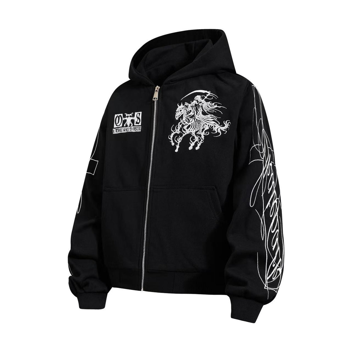 Cropped Skeleton Horseman Graphic Flame Print Sleeve Hooded Jacket - OMYGOODS