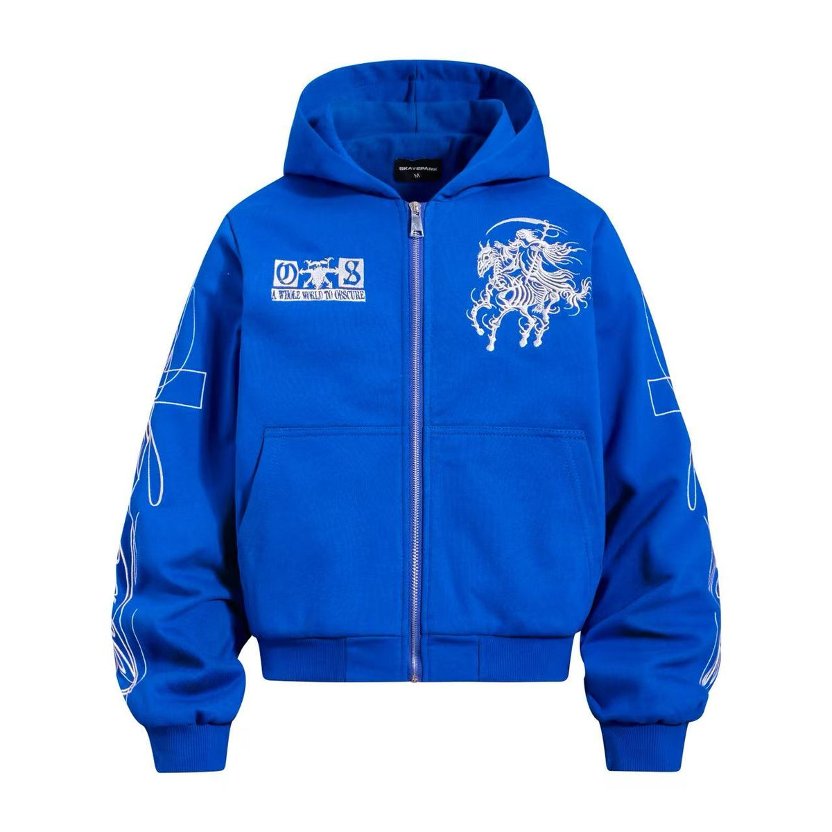 Cropped Skeleton Horseman Graphic Flame Print Sleeve Hooded Jacket - OMYGOODS