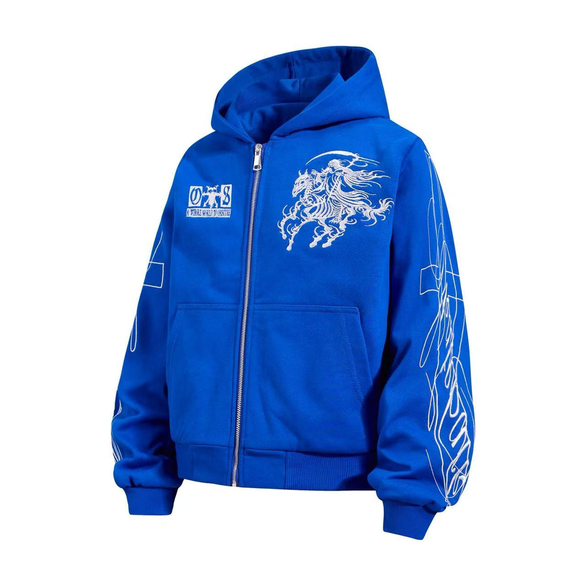 Cropped Skeleton Horseman Graphic Flame Print Sleeve Hooded Jacket - OMYGOODS