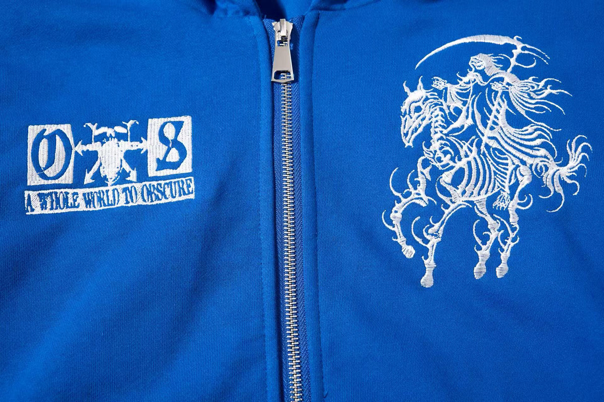 Cropped Skeleton Horseman Graphic Flame Print Sleeve Hooded Jacket - OMYGOODS