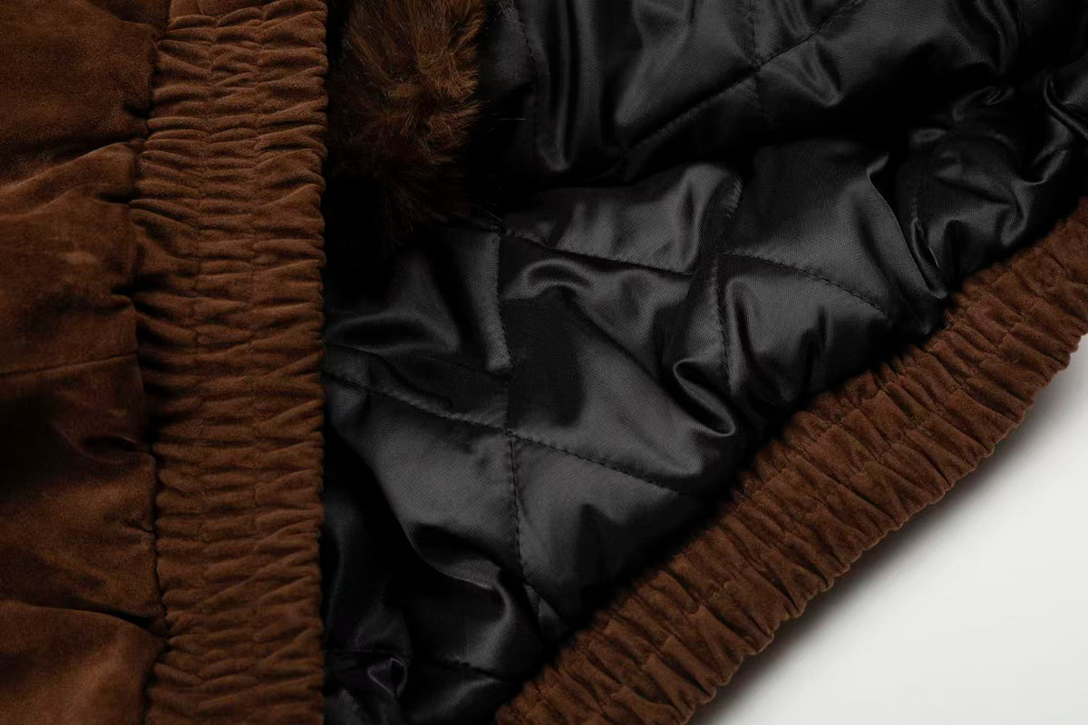 Vintage Metal Toggle Buckle Suede Fleece Lined Hooded Jacket - OMYGOODS