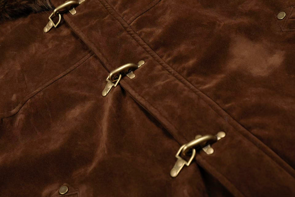Vintage Metal Toggle Buckle Suede Fleece Lined Hooded Jacket - OMYGOODS