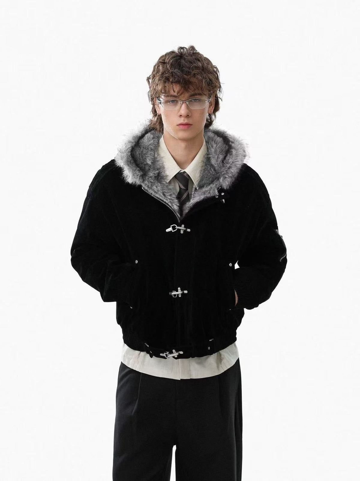 Vintage Metal Toggle Buckle Suede Fleece Lined Hooded Jacket - OMYGOODS