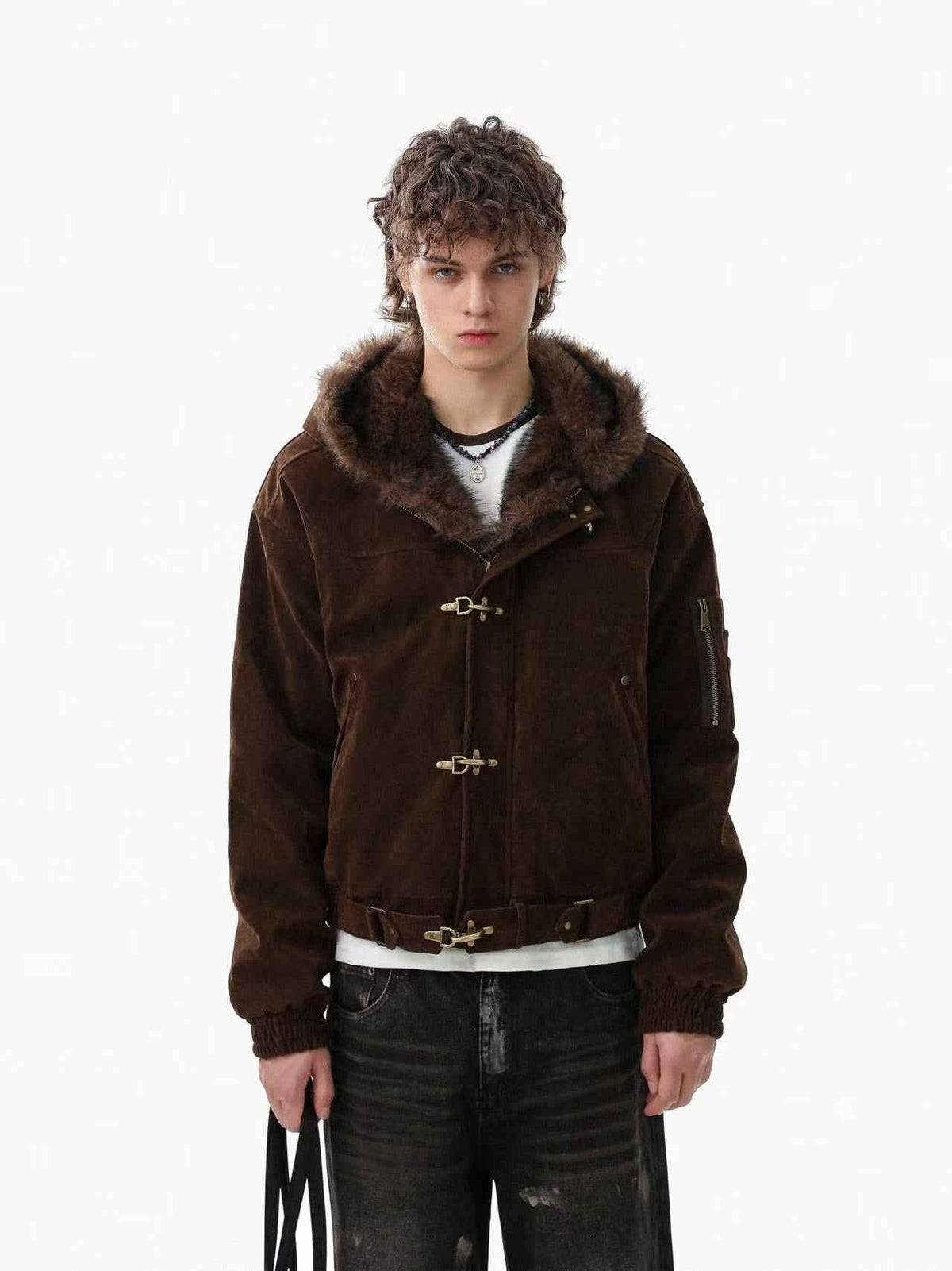 Vintage Metal Toggle Buckle Suede Fleece Lined Hooded Jacket