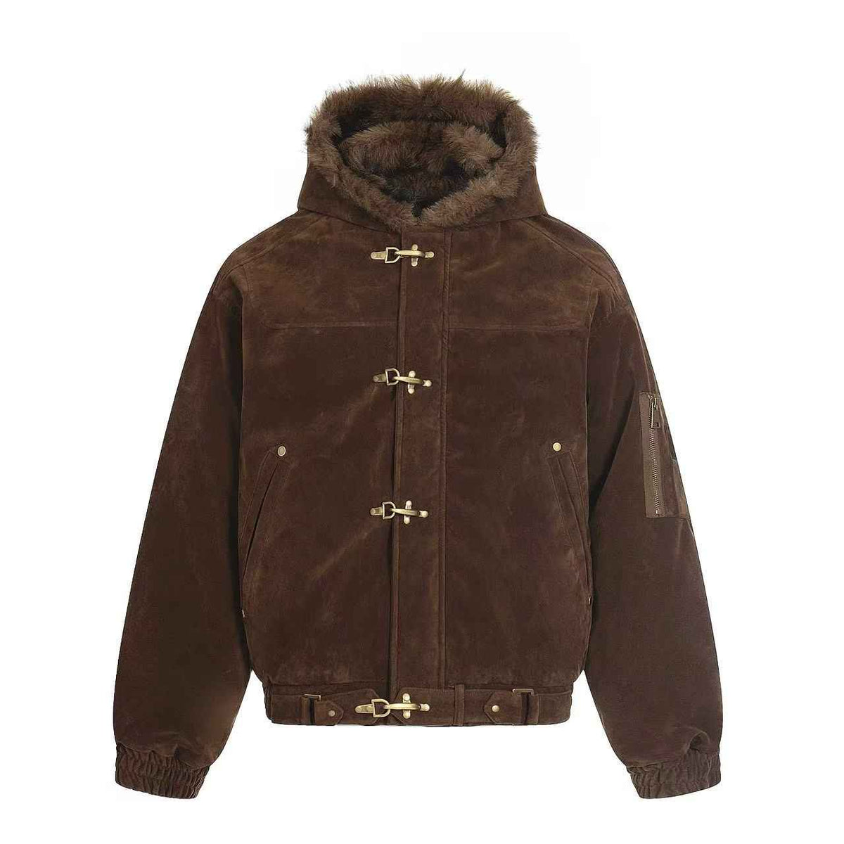 Vintage Metal Toggle Buckle Suede Fleece Lined Hooded Jacket