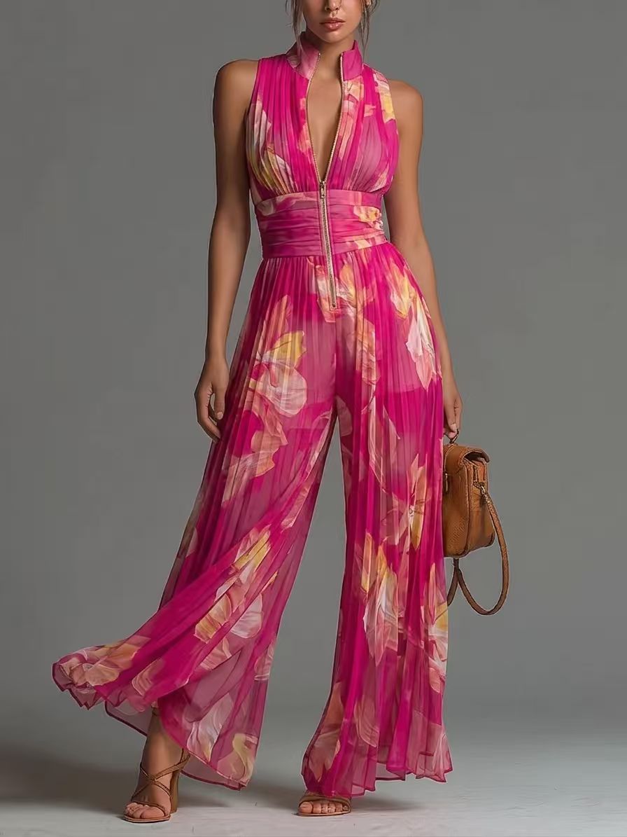 White Pleated Strap Neck Jumpsuit for Women, Long Wide Leg Fashion Sexy Folded Design