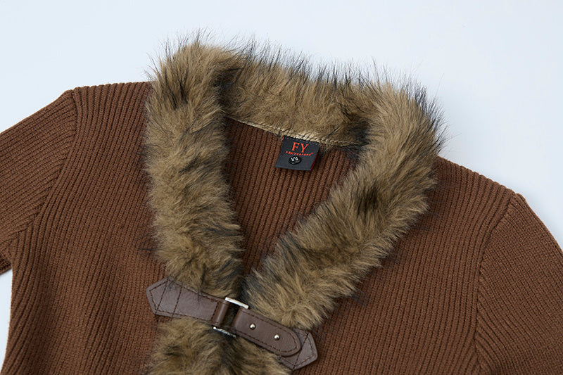 Buckled Fur | Knit Cardigan with Faux Trim