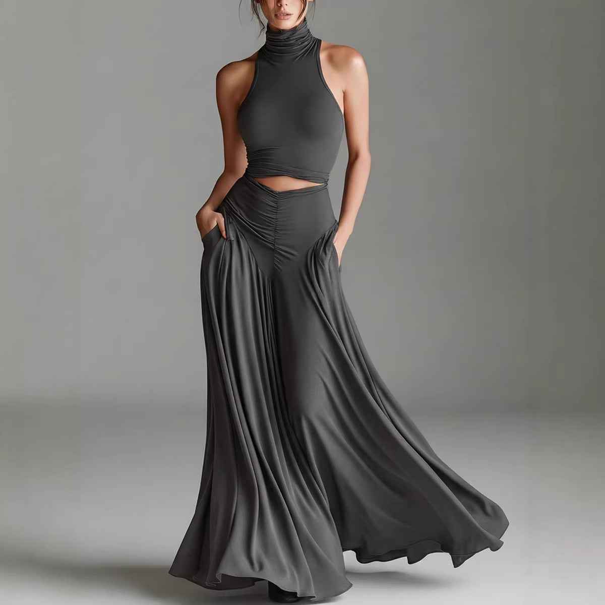 Style Sleeveless High Neck Top with Elegant Long Dress Two-Piece Set
