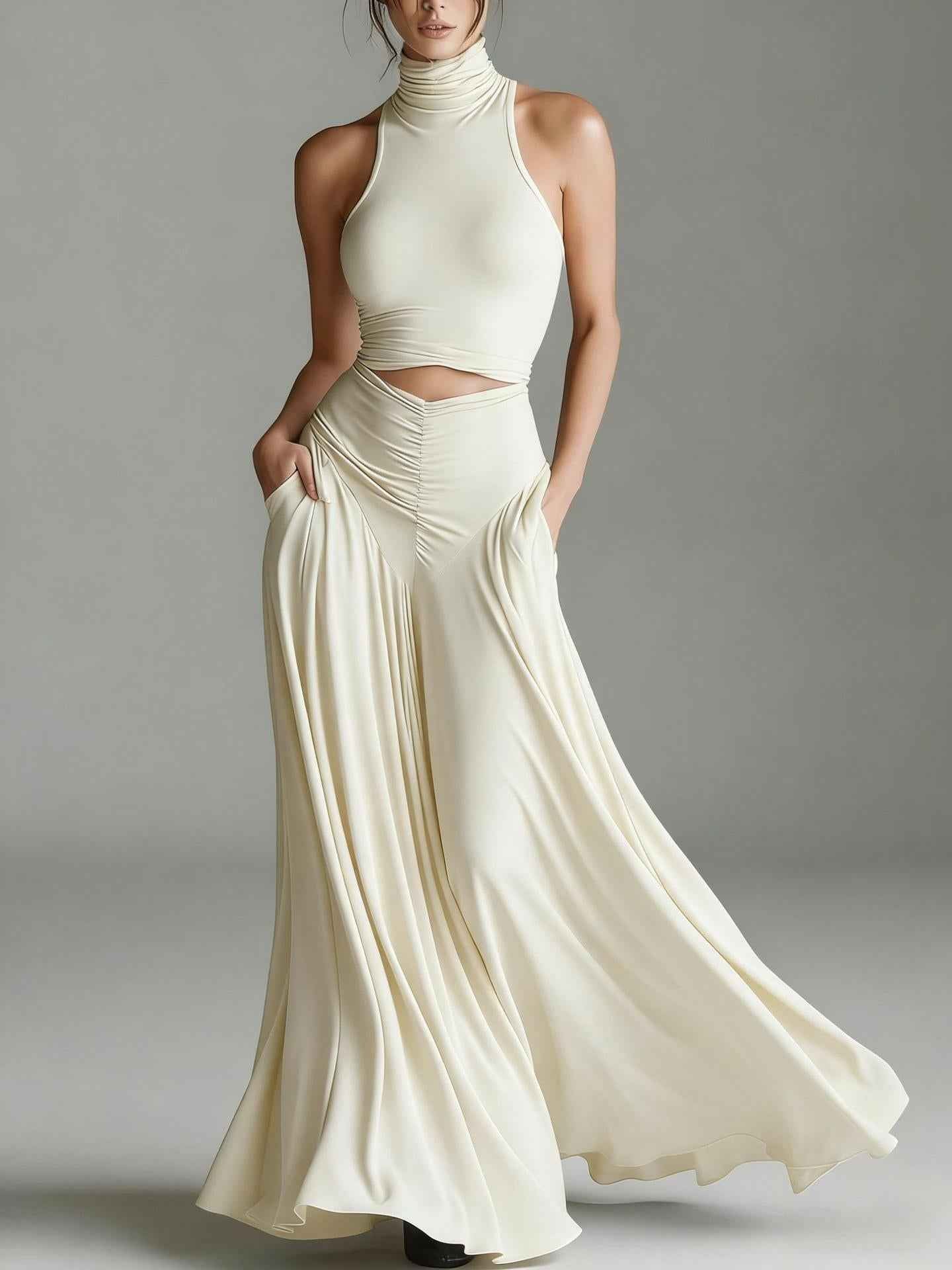 Style Sleeveless High Neck Top with Elegant Long Dress Two-Piece Set