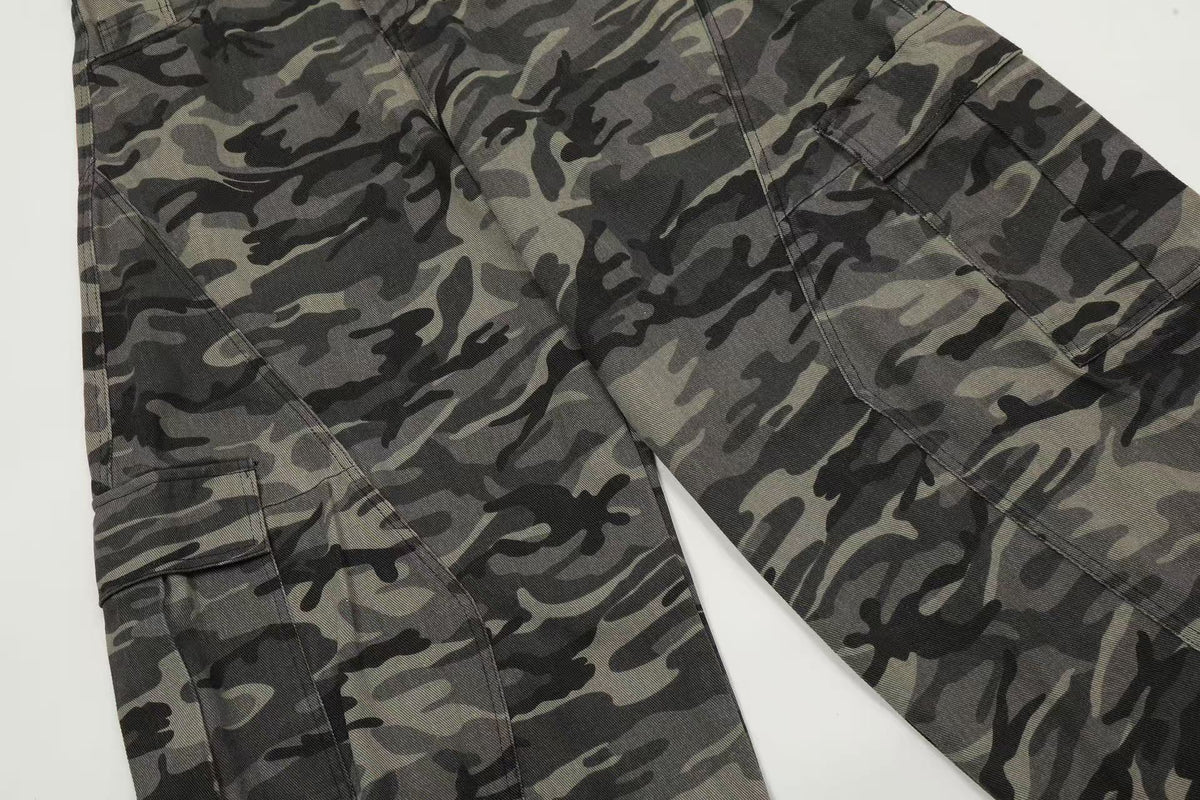 Vintage Camo Seam Panel Multi-Pocket Baggy Wide Leg Cargo Pants - OMYGOODS