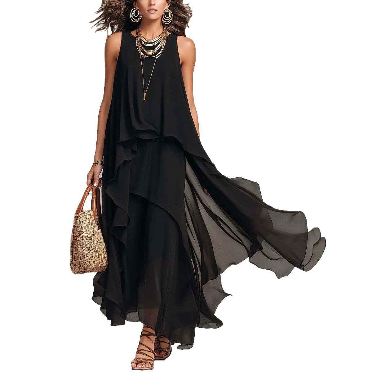 Chic Flowy Black Sleeveless Asymmetrical Chiffon Long Dress
