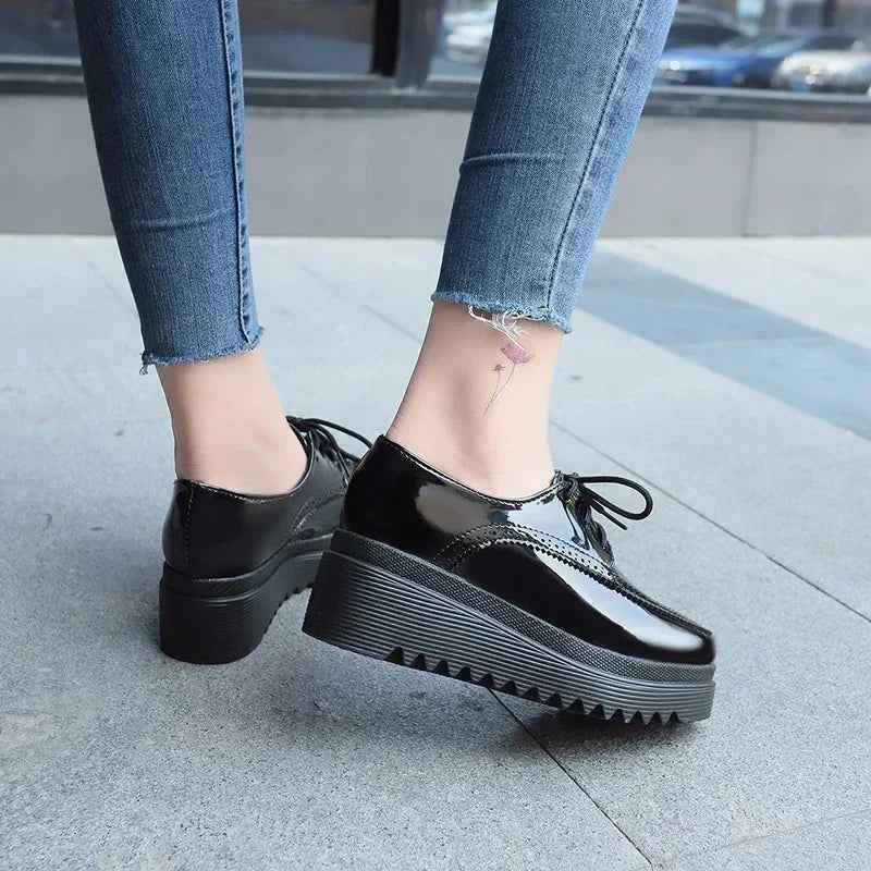 Women Oxford Lace Up Platform Shoes Black