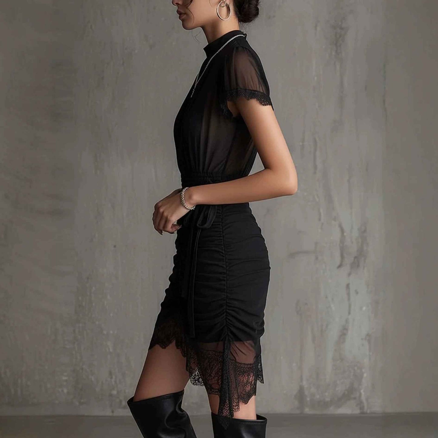 New European black see through lace patchwork dress, slim and tall, slit skirt with lace