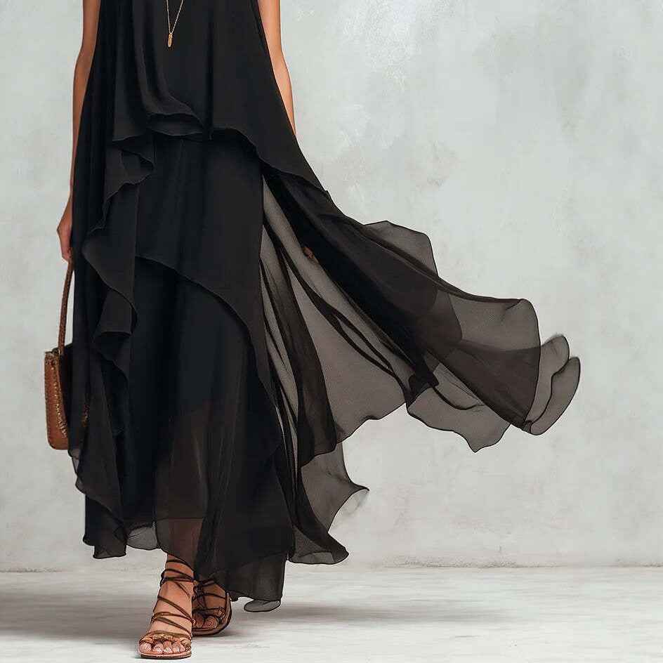 Chic Flowy Black Sleeveless Asymmetrical Chiffon Long Dress