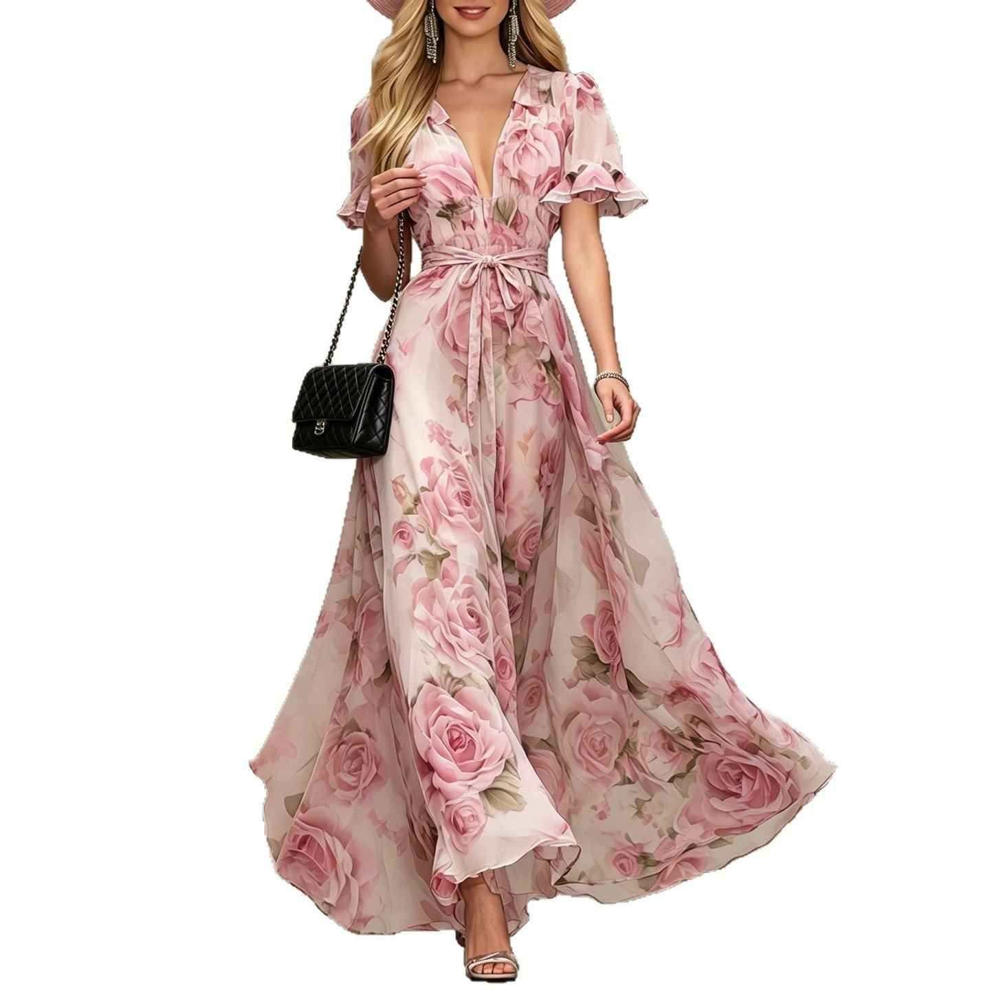 Deep V-neck ruffle sleeve printed dress