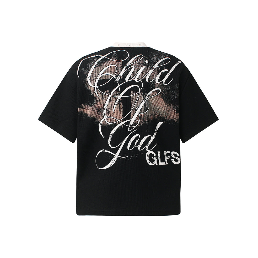 Gothic Cross Print Studded Collar Waffle Knit Graphic T-Shirt