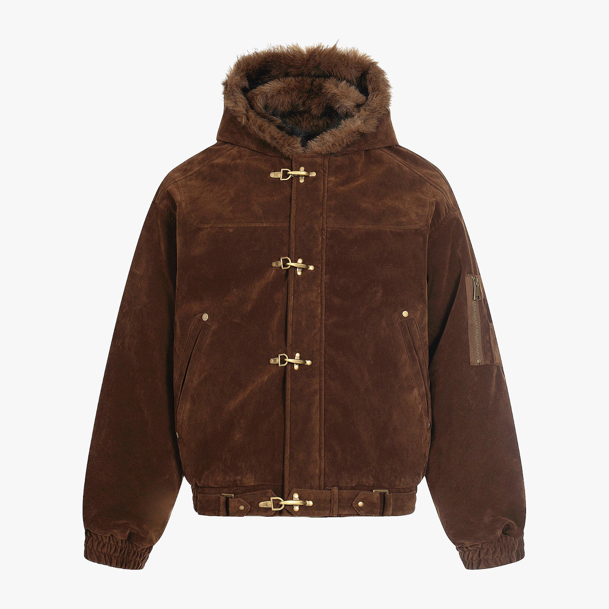 Streetwear Metal Clip Faux Fur Hooded Suede Bomber Jacket