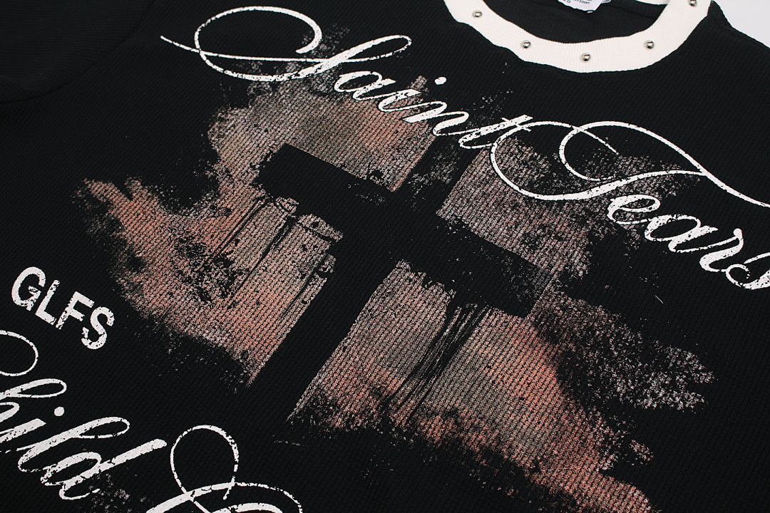 Gothic Cross Print Studded Collar Waffle Knit Graphic T-Shirt