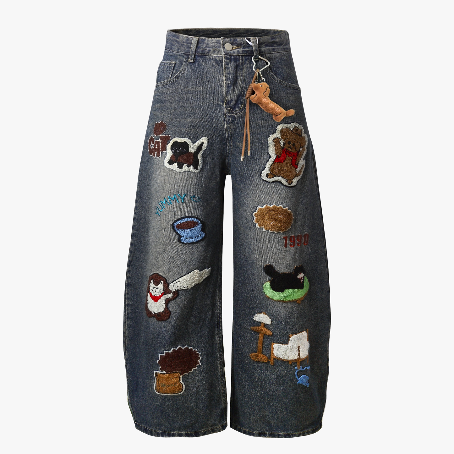 Retro Cartoon Graphic Heavy Embroidery Barrel Jeans
