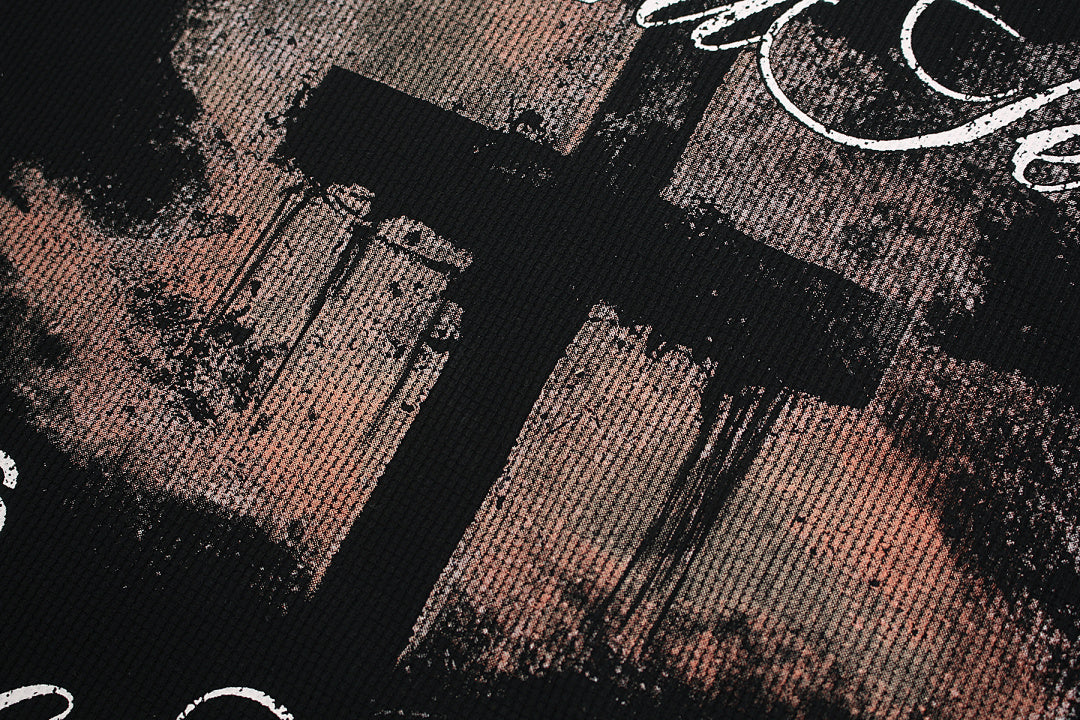 Gothic Cross Print Studded Collar Waffle Knit Graphic T-Shirt