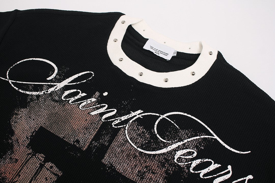 Gothic Cross Print Studded Collar Waffle Knit Graphic T-Shirt