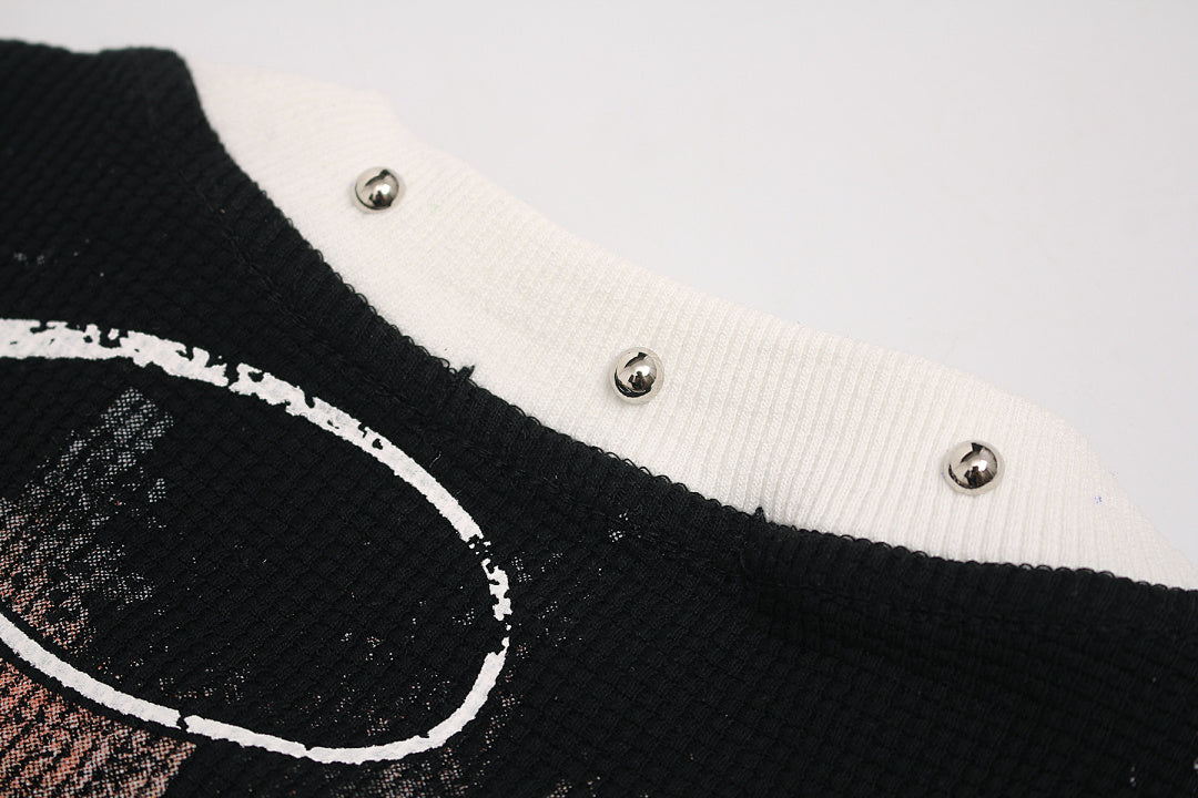 Gothic Cross Print Studded Collar Waffle Knit Graphic T-Shirt